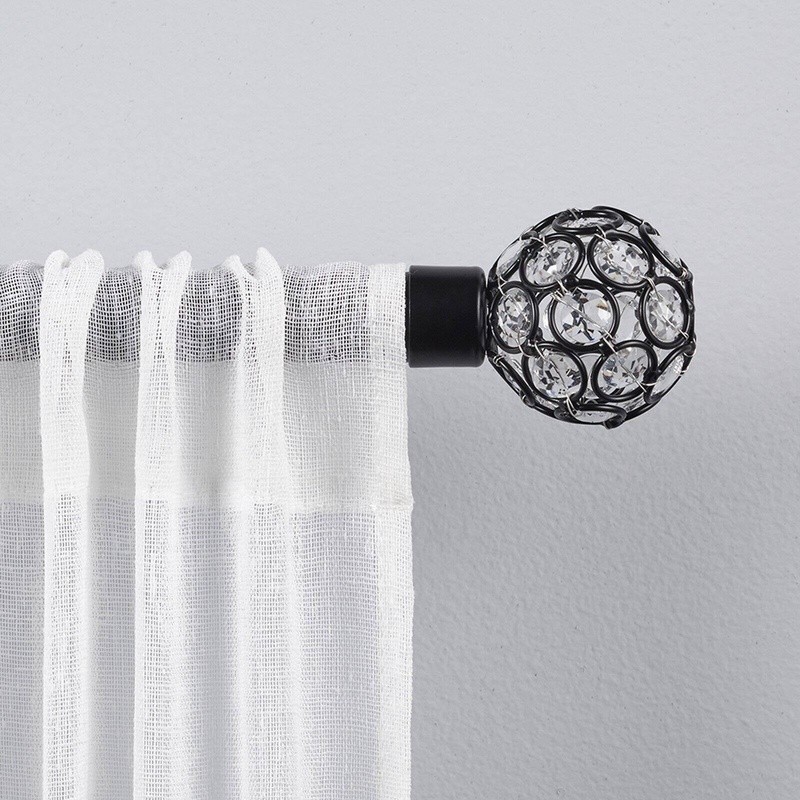 Matte Black Adjustable Curtain Rod Set W/ Faux Crystal Finials 66-120 Inch New
