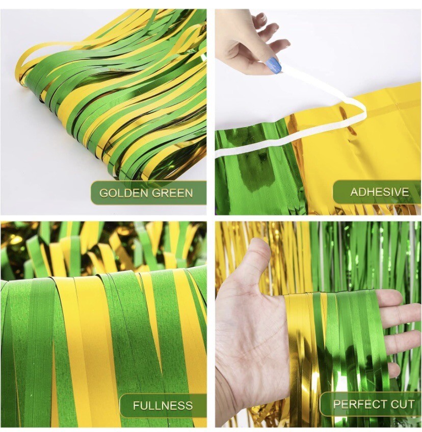 NEW Foil Fringe Curtain, Green & Gold, 3.3ft x 6.6ft