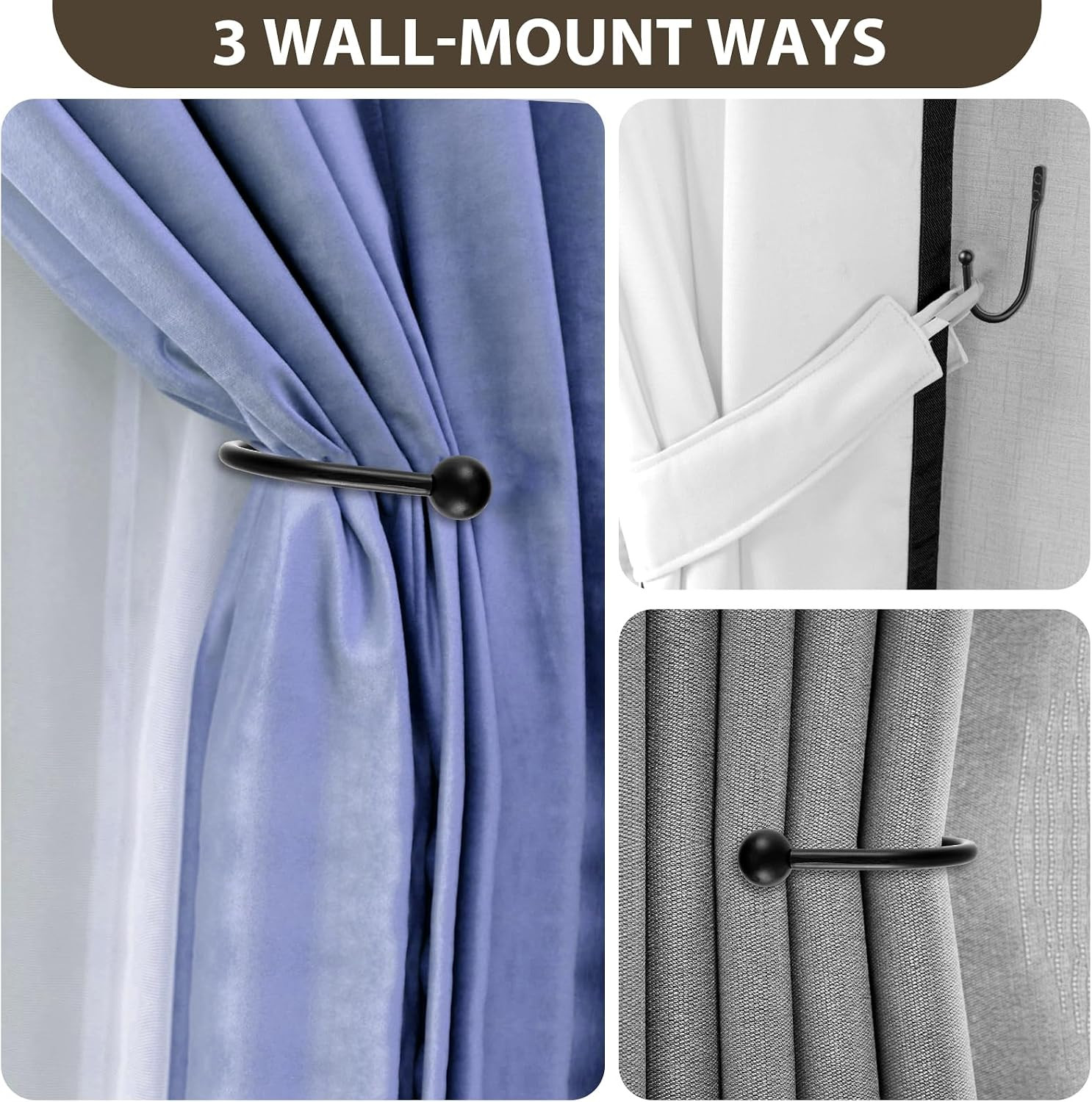 8 Pcs Curtain Holdbacks, Curtain Tiebacks, Curtains Wall Hooks, Black Curtains T