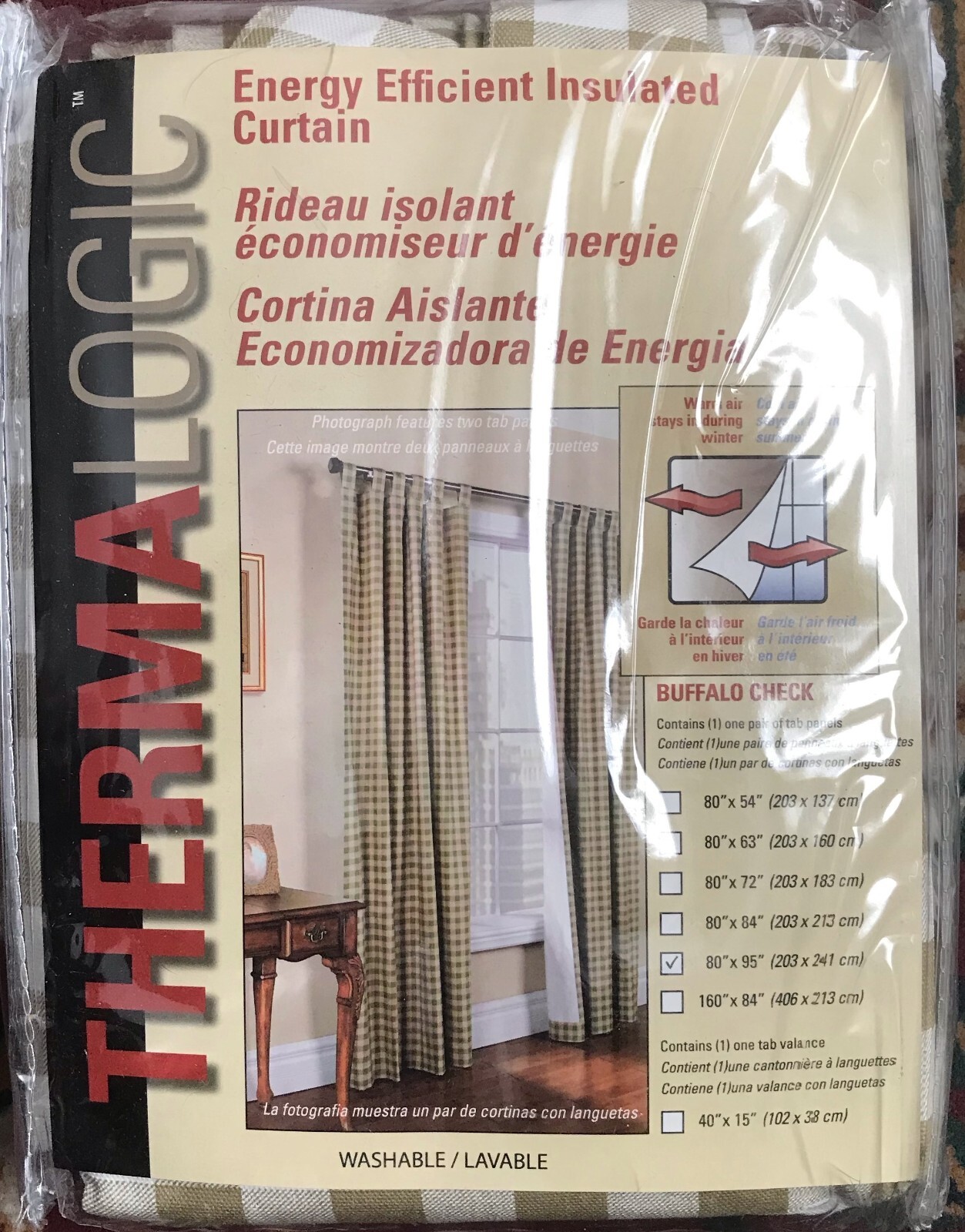 Thermalogic Check Tab-Top Curtain Pair, 95″L x 80″W, Wheat