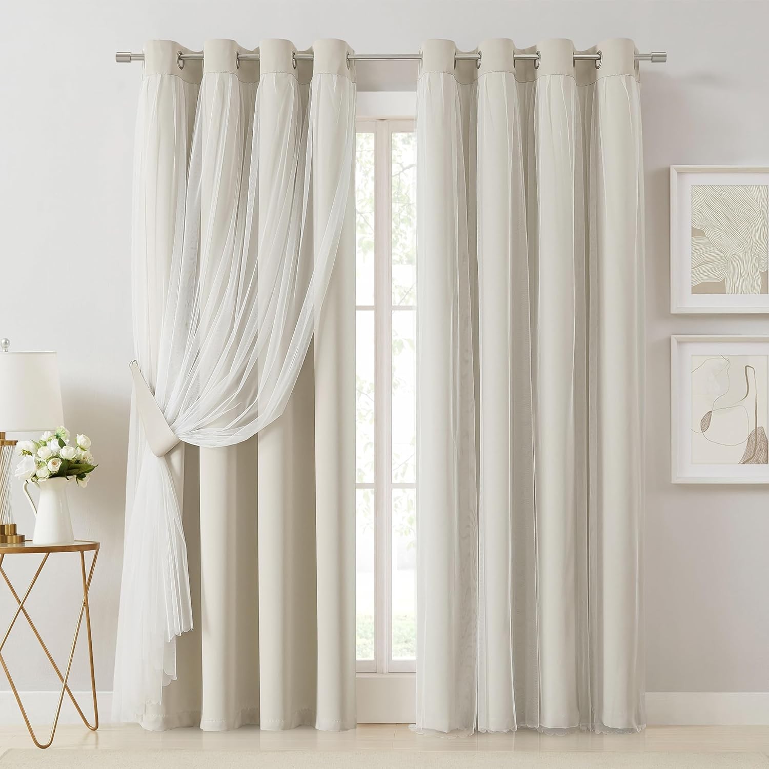 Beige 80% Blackout Curtains with Sheer Overlay Mix and Match Double Layer