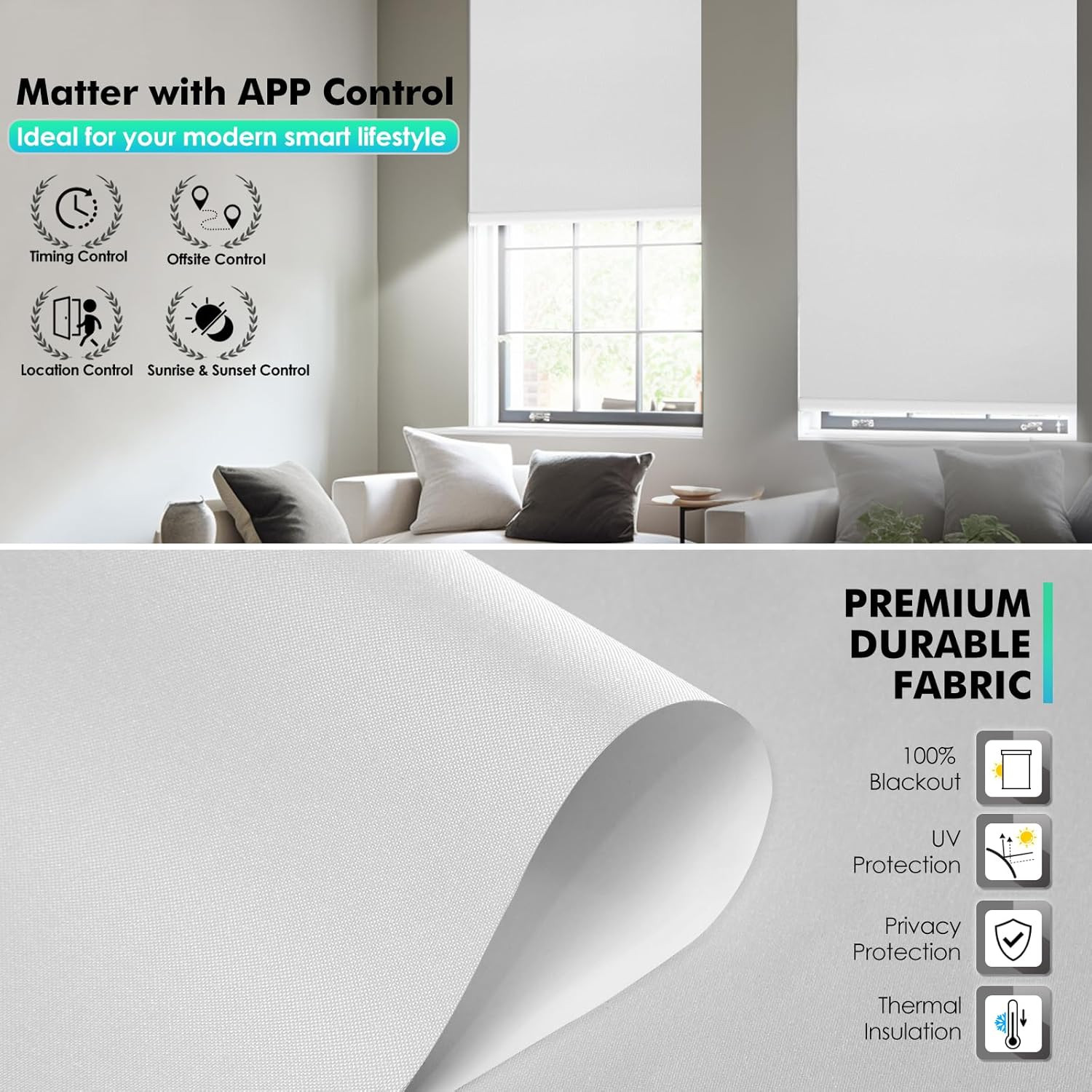 Smart Motorized Roller Shades with Remote, Cordless Blackout Blinds, White 34×72