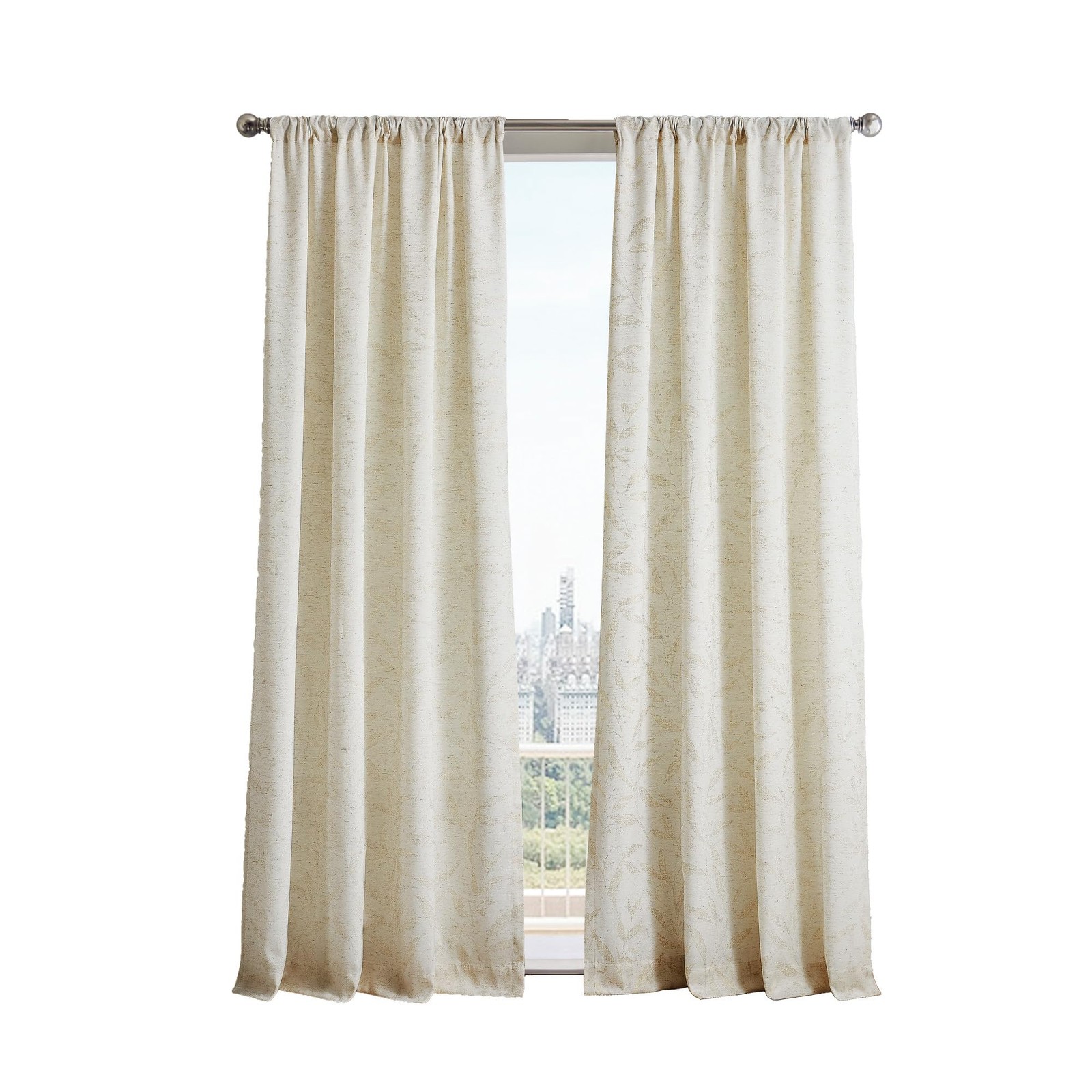 Cream Beige Light Filtering Window Curtains for Living Room – Metallic Leaf D…