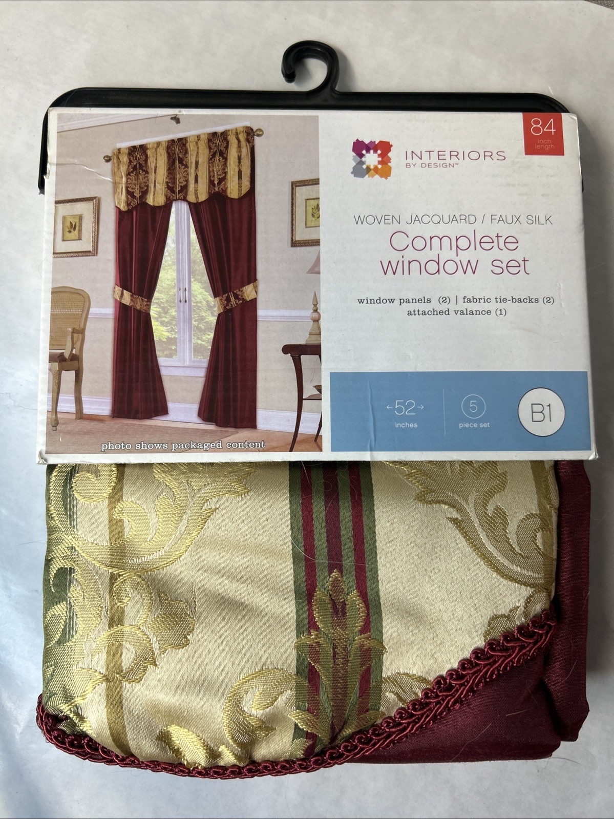 5 piece Window Set 2 window panels 2 tie-backs 1 Valance burgandy Gold 84″…