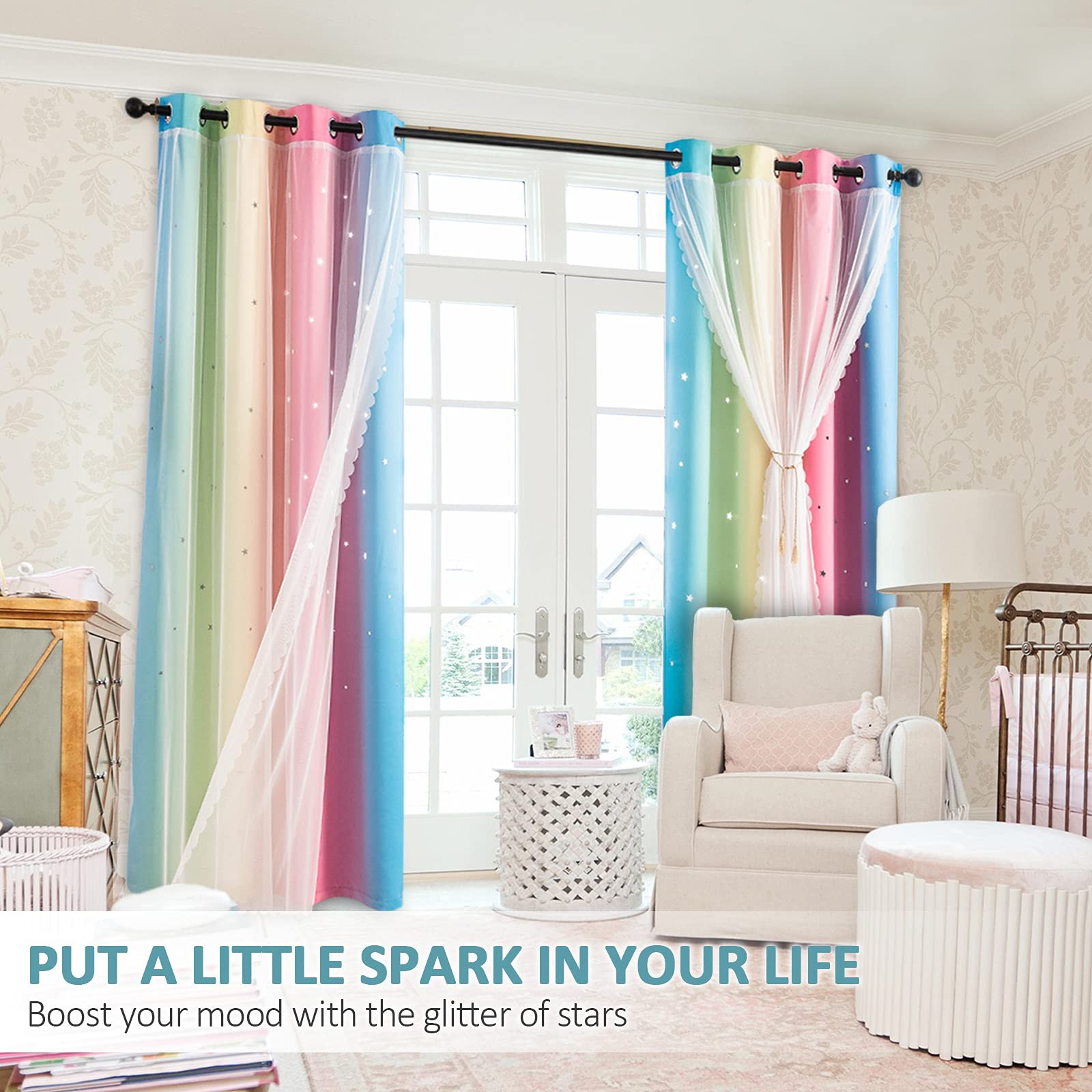 Stiio 2 Panels Girls Stars Rainbow Curtains W52Xl84 Inches For Bedroom Kids