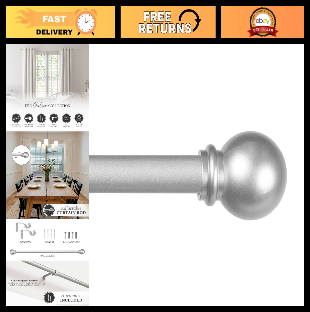 Adjustable Decorative Curtain Rod 48-86″ Brushed Nickel, 5/8″ Steel Tube, Ball E