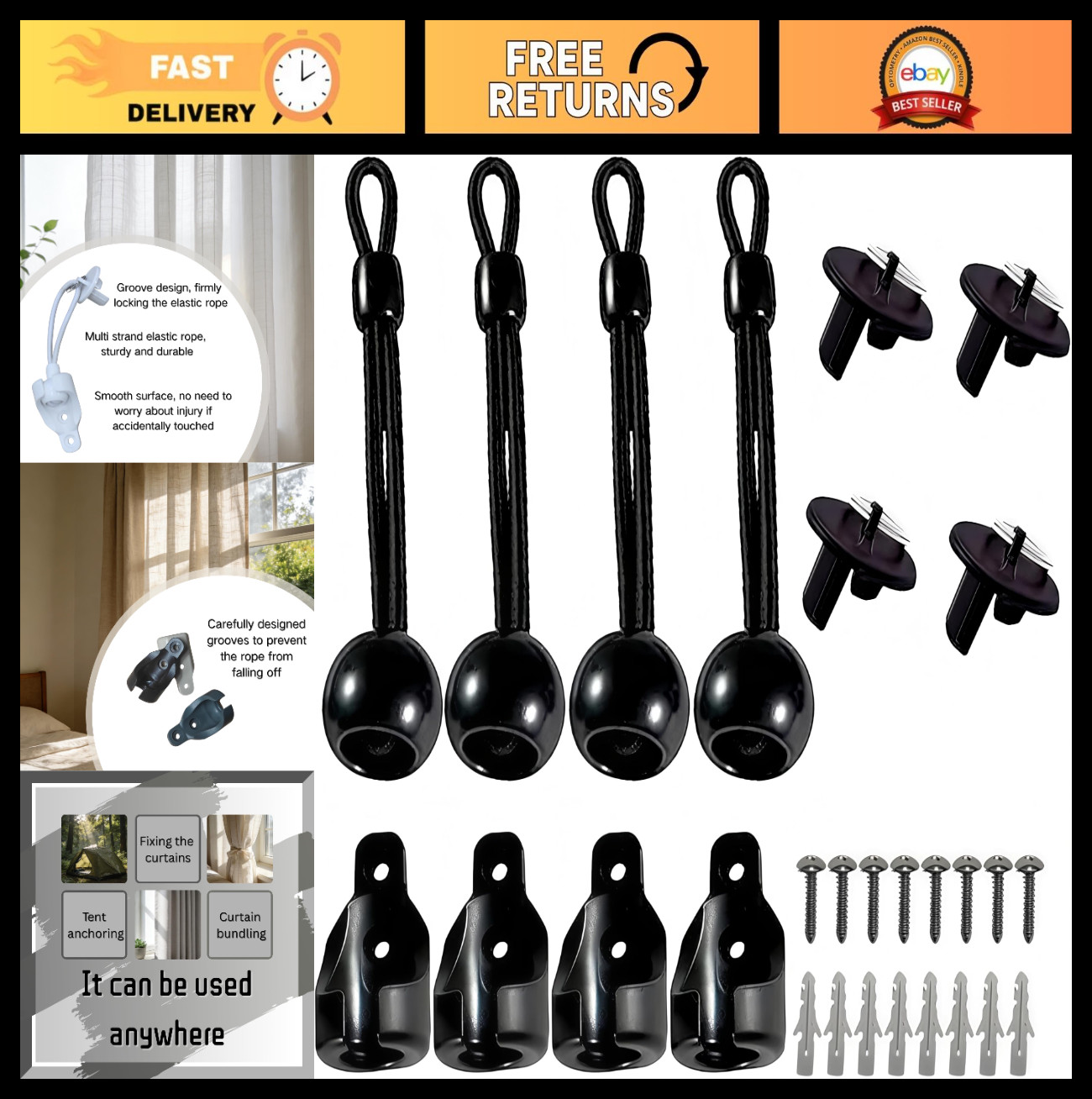 Sun Shade Replacement Parts Kit – 2 Sets, Weather-Resistant Tie Downs & End Caps