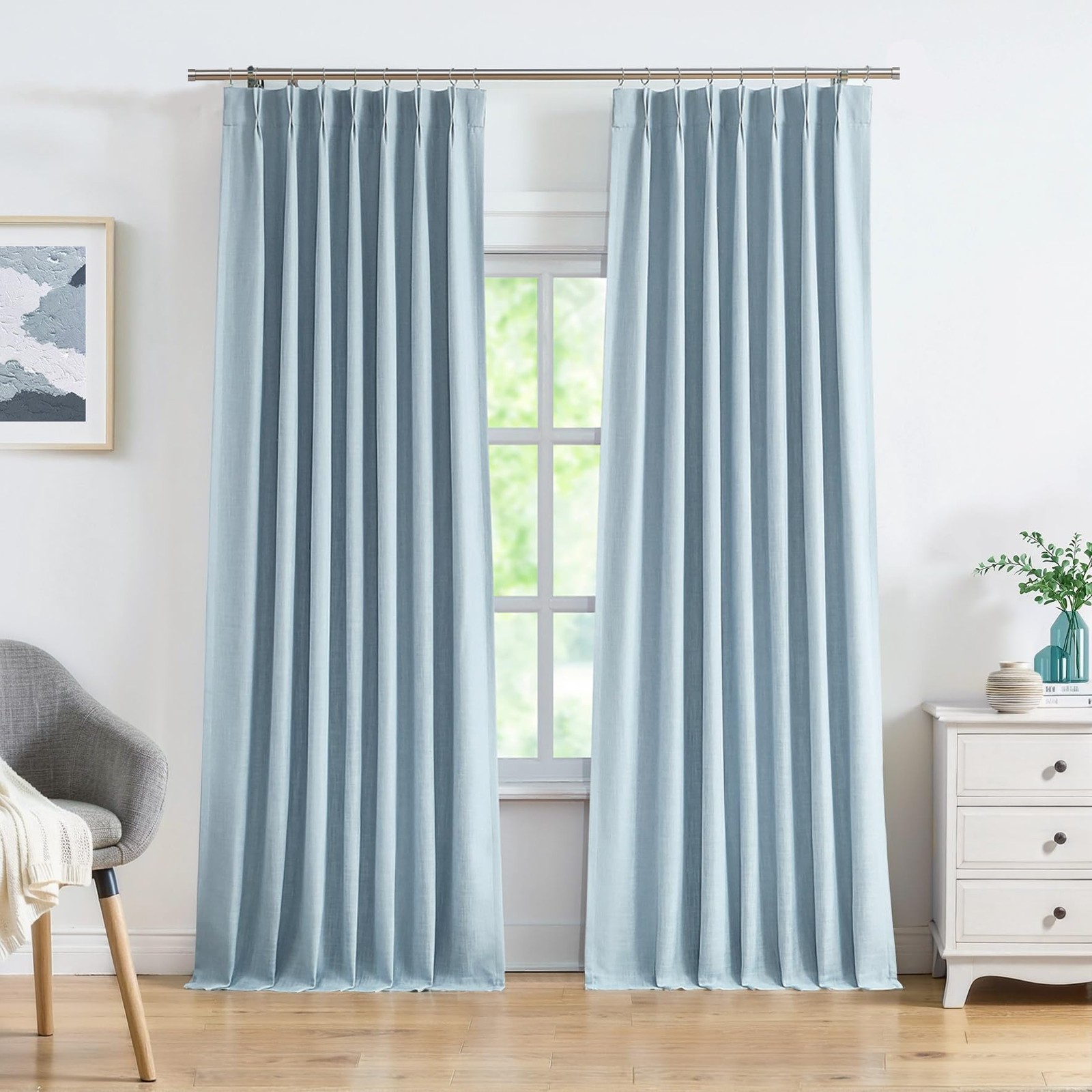 Central Park Dusty Blue Pinch Pleated Full Blackout Curtains Linen Texture