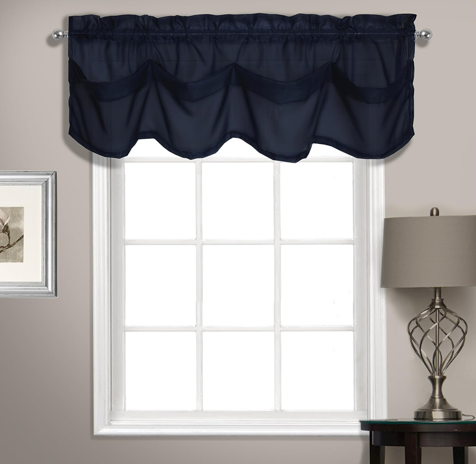 United Curtain Summit Sheer Voile Tuck Valance, 56″ x 14″, Navy, 100% Polyester