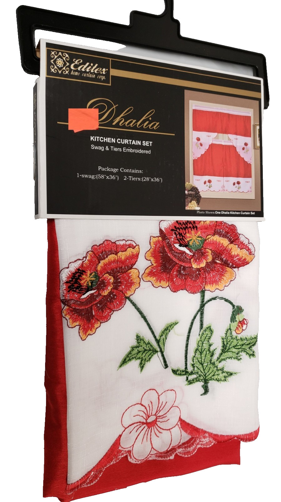 3pc. Embroidery Curtains Set: 2 Tiers & Swag(58″x36″) RED FLOWERS,DHALIA, Editex