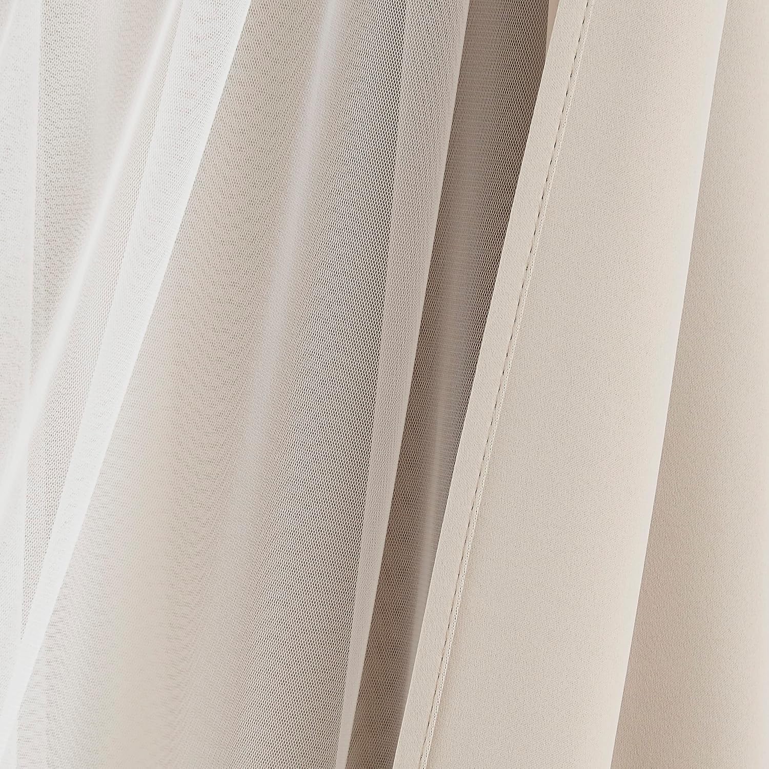 Beige 80% Blackout Curtains W/ Sheer Overlay Mix & Match Double Layer Thermal