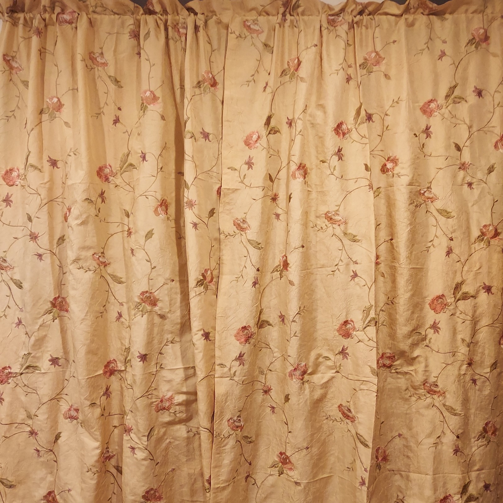 Croscill 2 Curtain Panels Embroidered Floral Crinkle Texture Floral Tan Beige