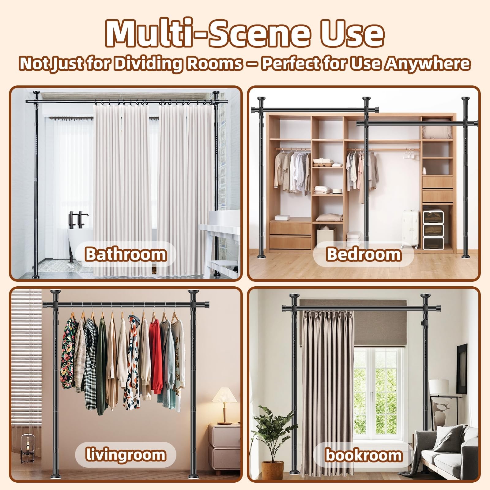 Room Divider, Tension Curtain Rod No Drilling,4-10ft(H) 28-70inch(W) Wall Div…