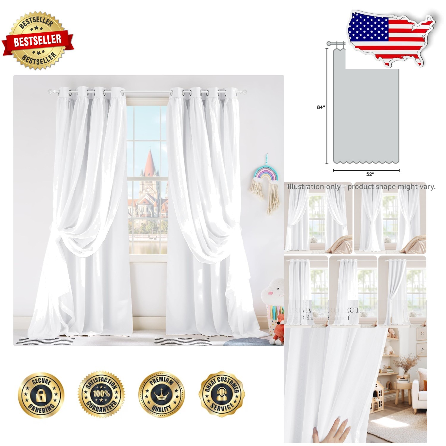 Pure White Blackout Curtains 52×84″ 2pc Sheer Overlay Romantic Grommet Drapes