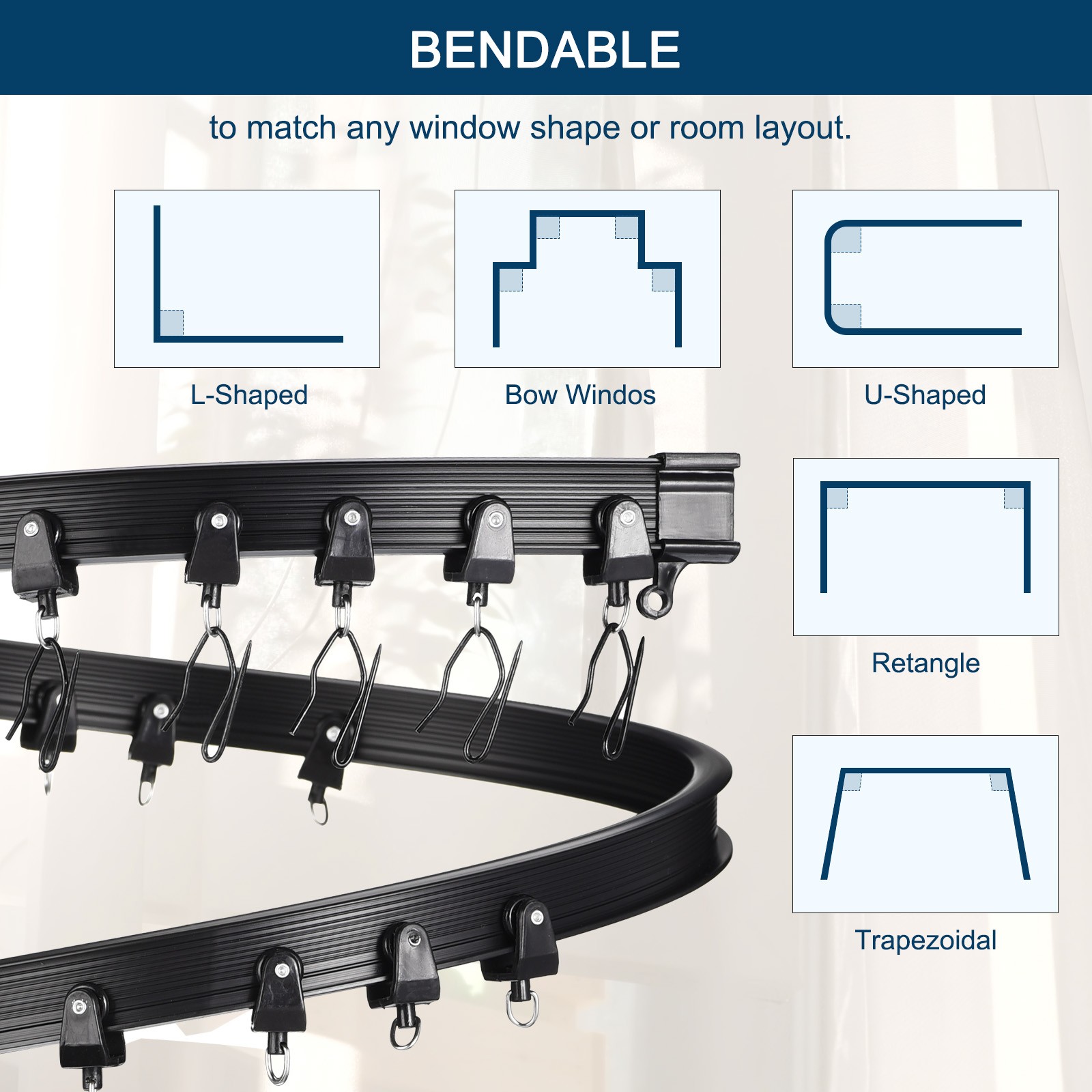 Flexible Curved Ceiling Curtain Track Bendable Mount Black 19.7ft