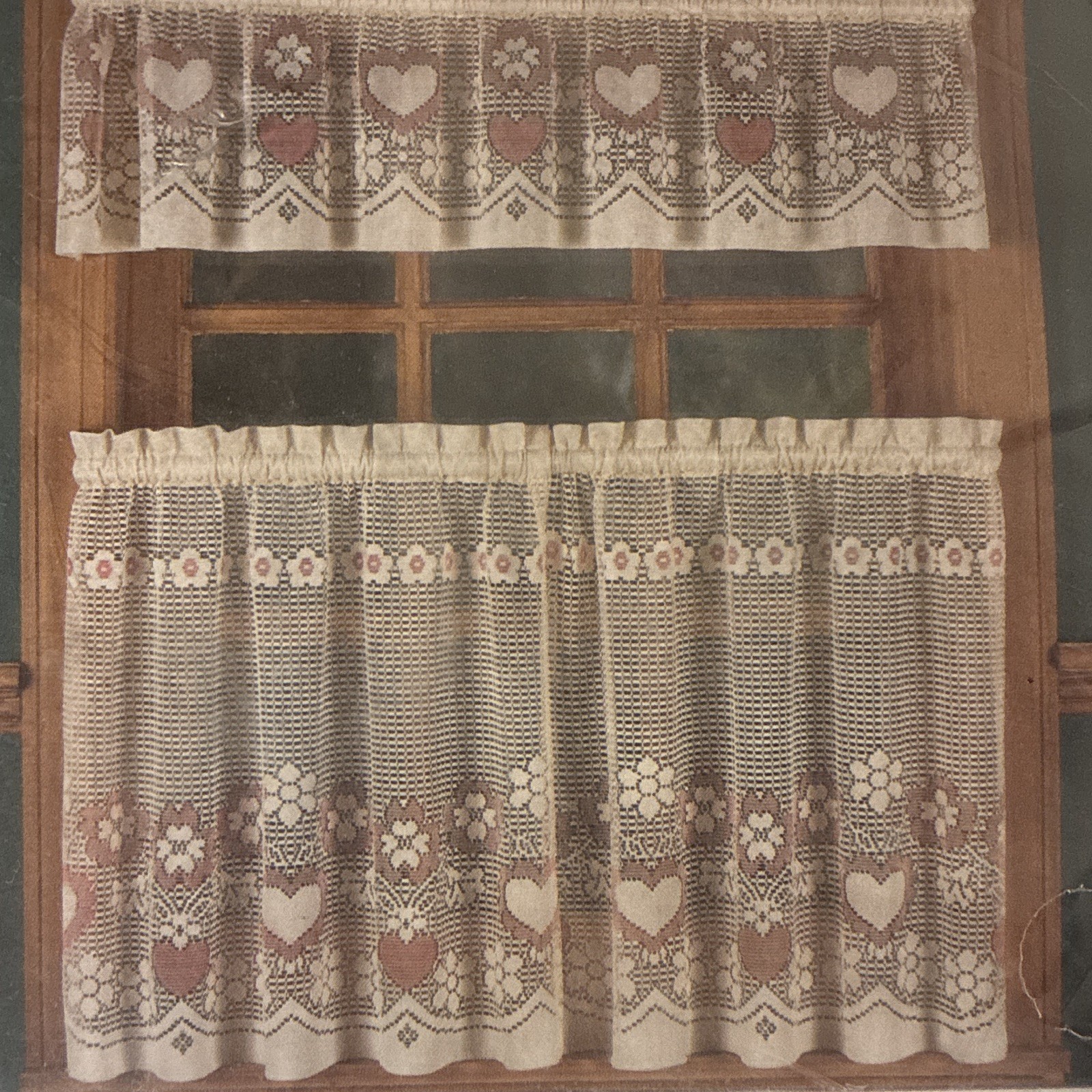 Hearts Rose Sheer & Valance Set 60×36 Polyester Rod Pocket Vintage Grannycore