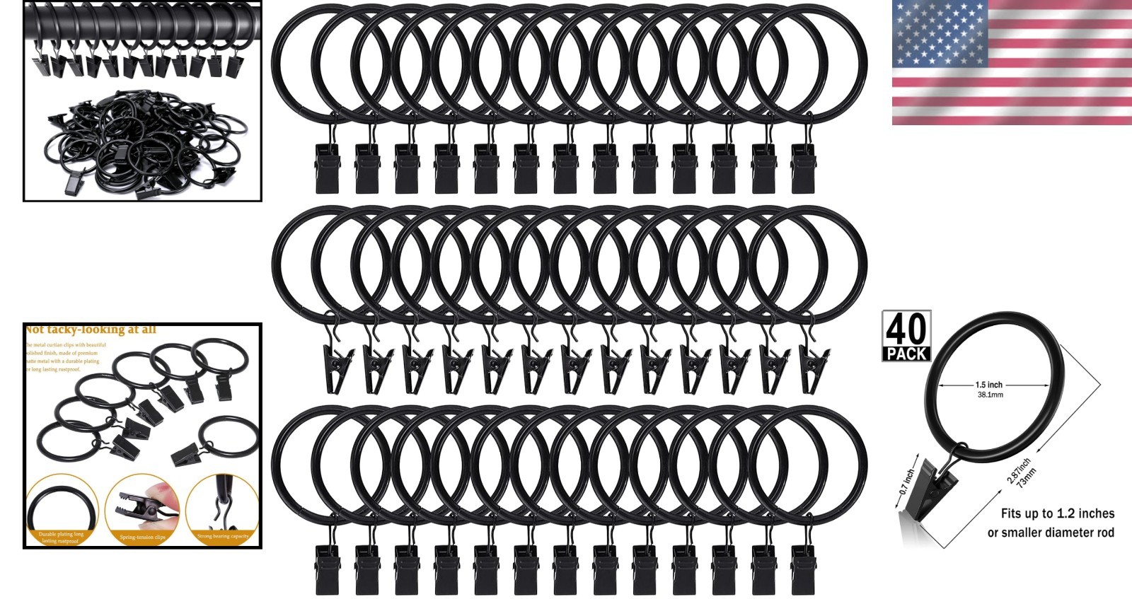 Versatile Rustproof Curtain Rings with Clips – 1.5 Inch Black Drapery Set of 44