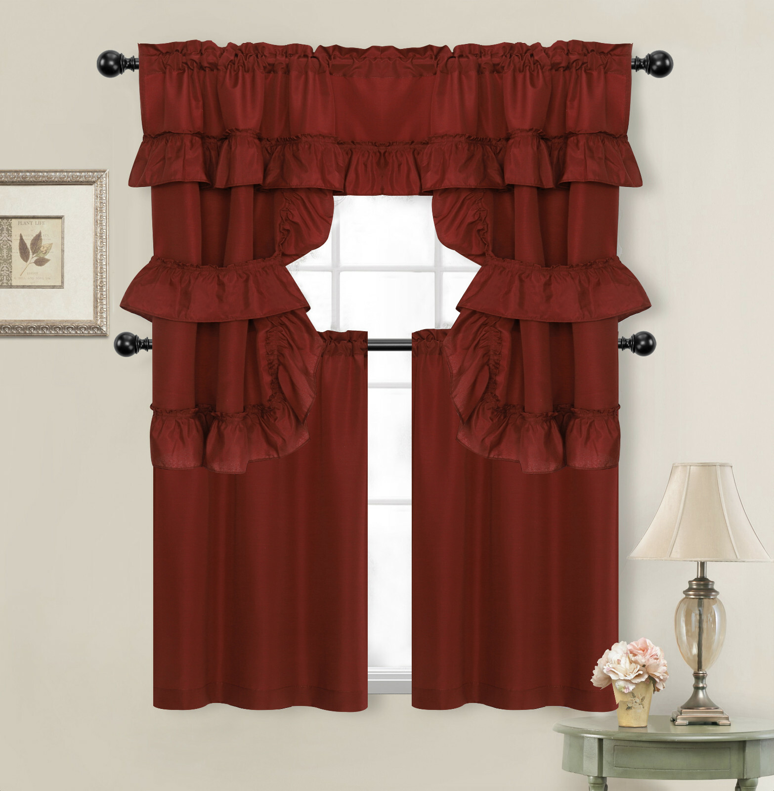 Country Farmhouse Solid Colored Kitchen Curtain Tier/Swag Set – Assorted Colors