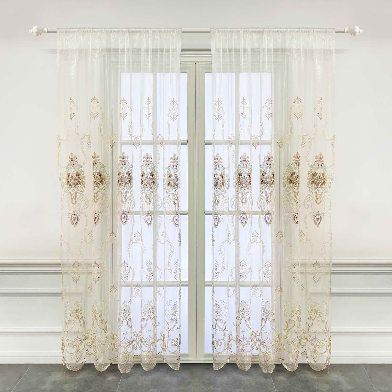 Wpkira Exquisite European Embroidered Floral Sheer Curtains Rod Pocket