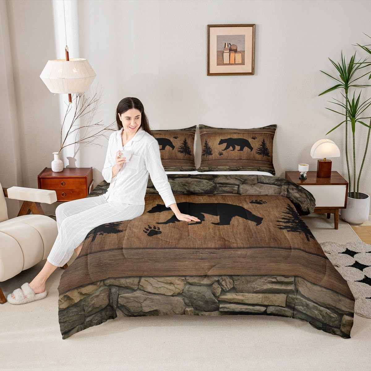 Rustic Bear Comforter Set Queen Size,Wild Animal Queen, Brown