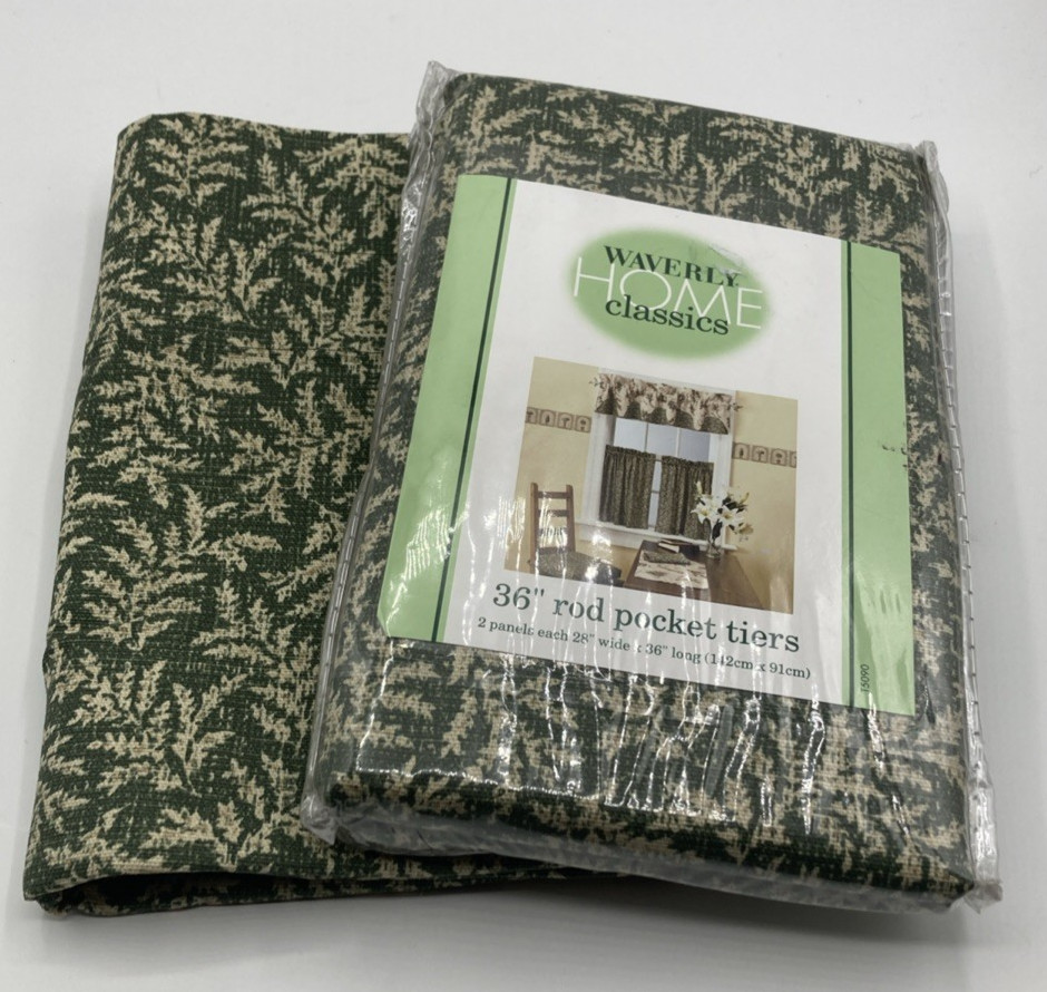 Set of 2 Waverly Fernwood Vintage Fern Green Beige Valance Pocket Tiers 28″ x 36