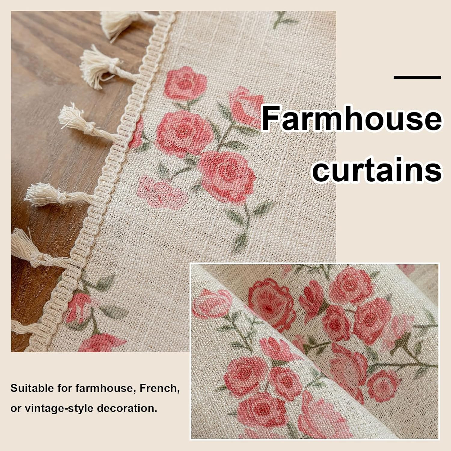 Pink Boho Floral Curtains 84 Inch Long 2 Panels, French Vintage Farmhouse Patter