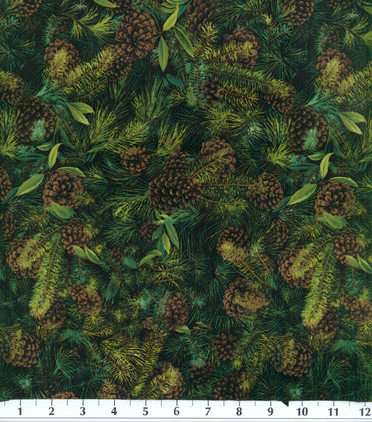 GREENERY PINE PINECONES & LEAVES ON BLACK CHRISTMAS VALANCE