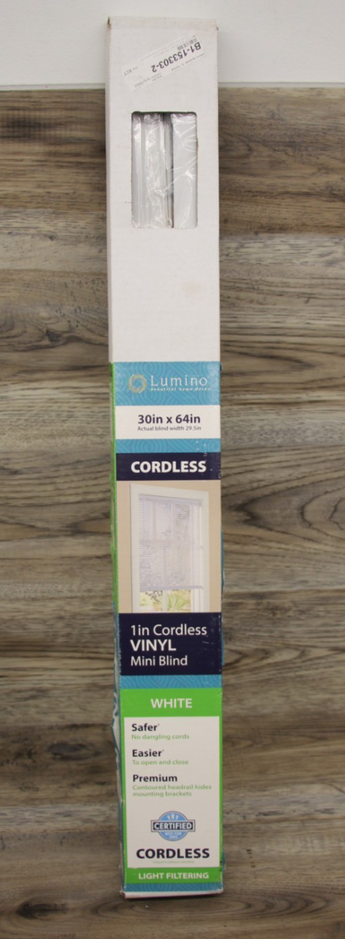 Lumino Cordless Light Filtering Vinyl Mini Blind 30″ x 64″ White #7901913
