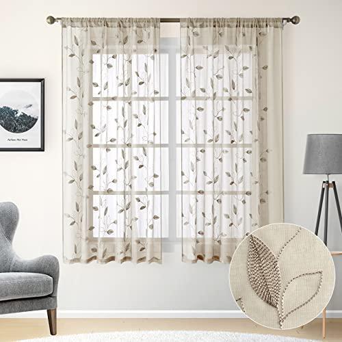 HOMEIDEAS Taupe Sheer Curtains 52 X 63 Inches Length 2 Panels Beige Embroidered