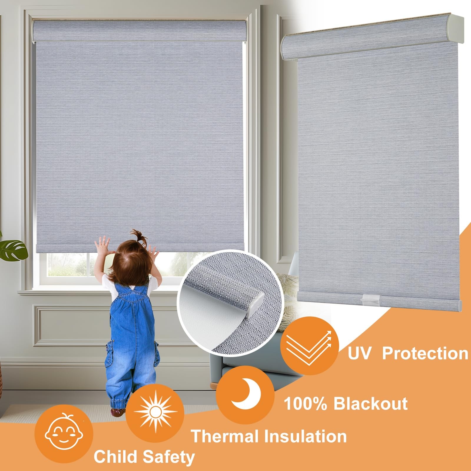 Persilux Free-Stop Cordless Roller Shades Bluish Grey 66″W x 72″H