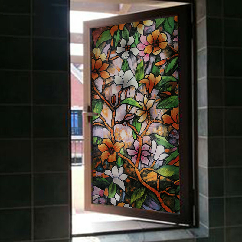 3D Floral Static Window Film Opaque Frosted Stained Glass Sticker Privacy Decor