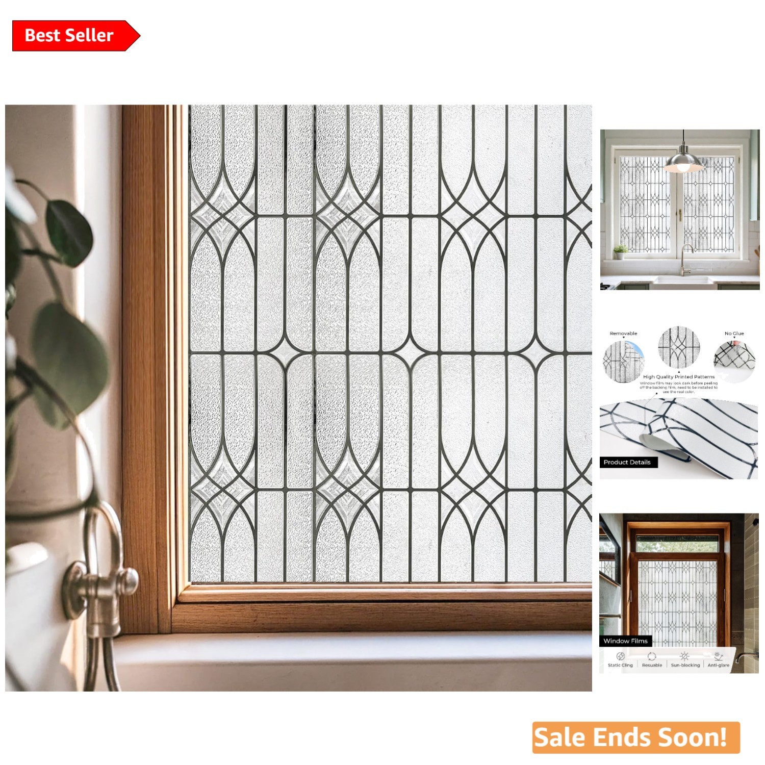 Elegant Window Privacy Film – Stained Glass Effect, UV Protection, 17.3″x78.7″