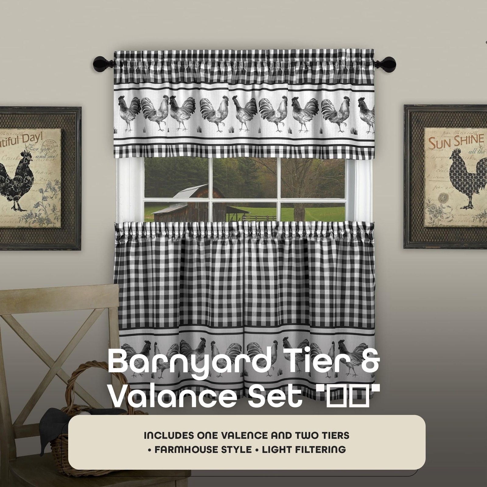 Light Filtering Printed Tier & Valance Window Curtain Set – 58 Inch Length, 3…