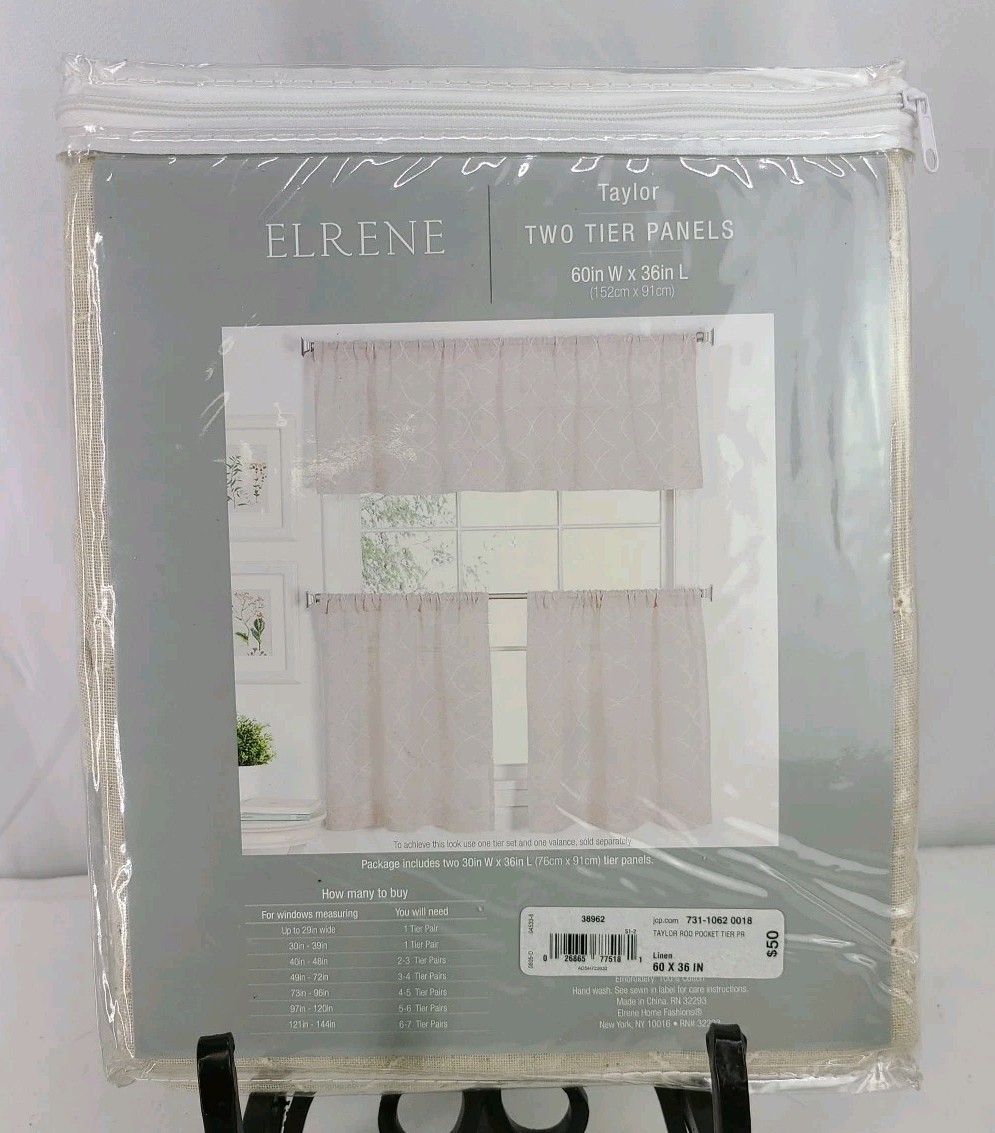 NIP Elrene *Taylor* Two Tier Rod-Pocket Curtain Panels Dark Cream 60″x36″