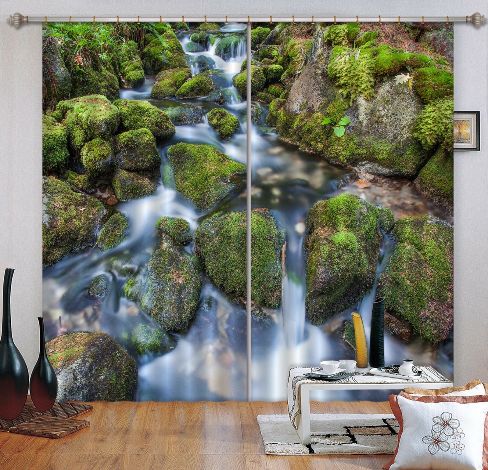 3D Moss Stone Stream ZHUA431 Blockout Photo Curtain Fabric Window Amy