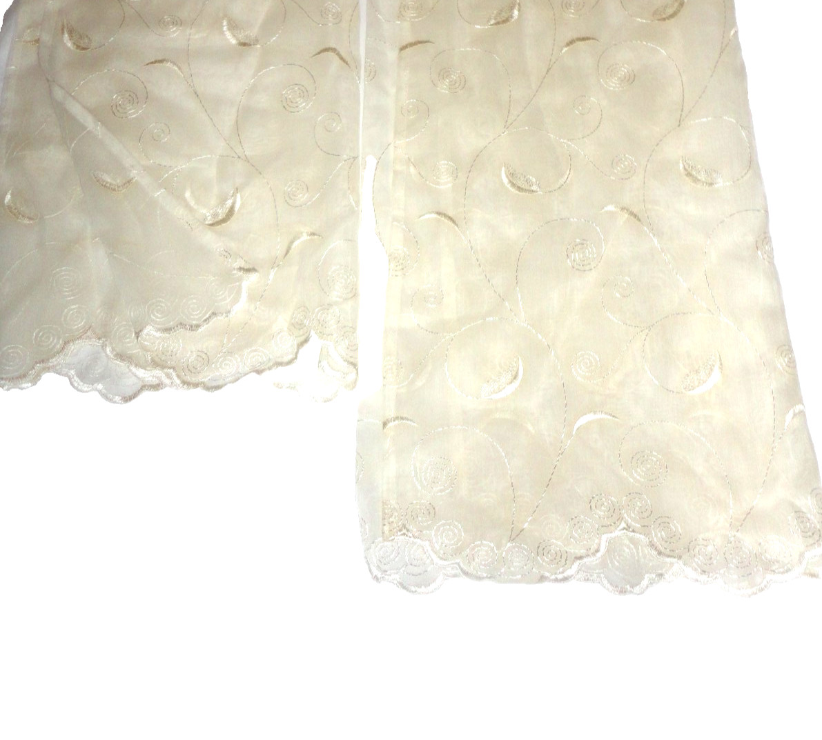 COMMONWEALTH HOME CREAM EMBROIDERED SCROLL SCALLOPED SHEER (2) PANELS 54 X 84