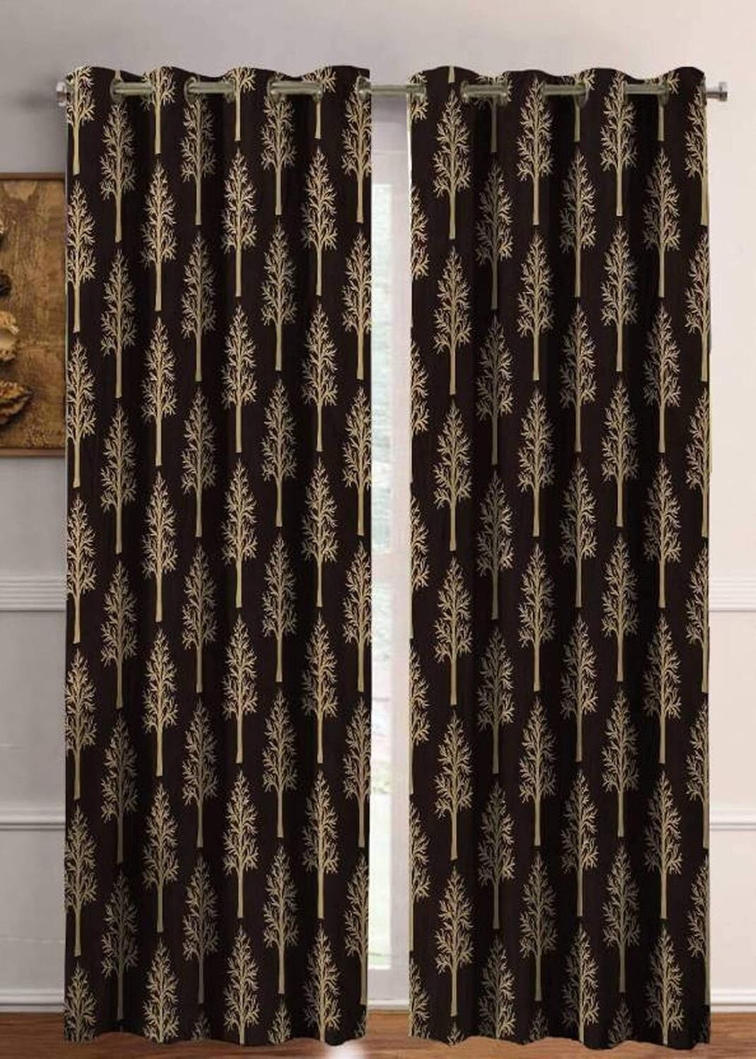 New 2 Pieces Printed Long Door Curtain Set 9 Feet Brown
