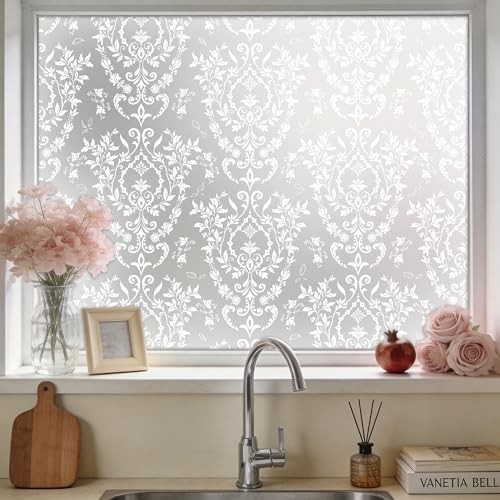Frosted Damask Window Privacy Film, 78.5″ L x 17.5″ W, Decorative Non-Adhesive