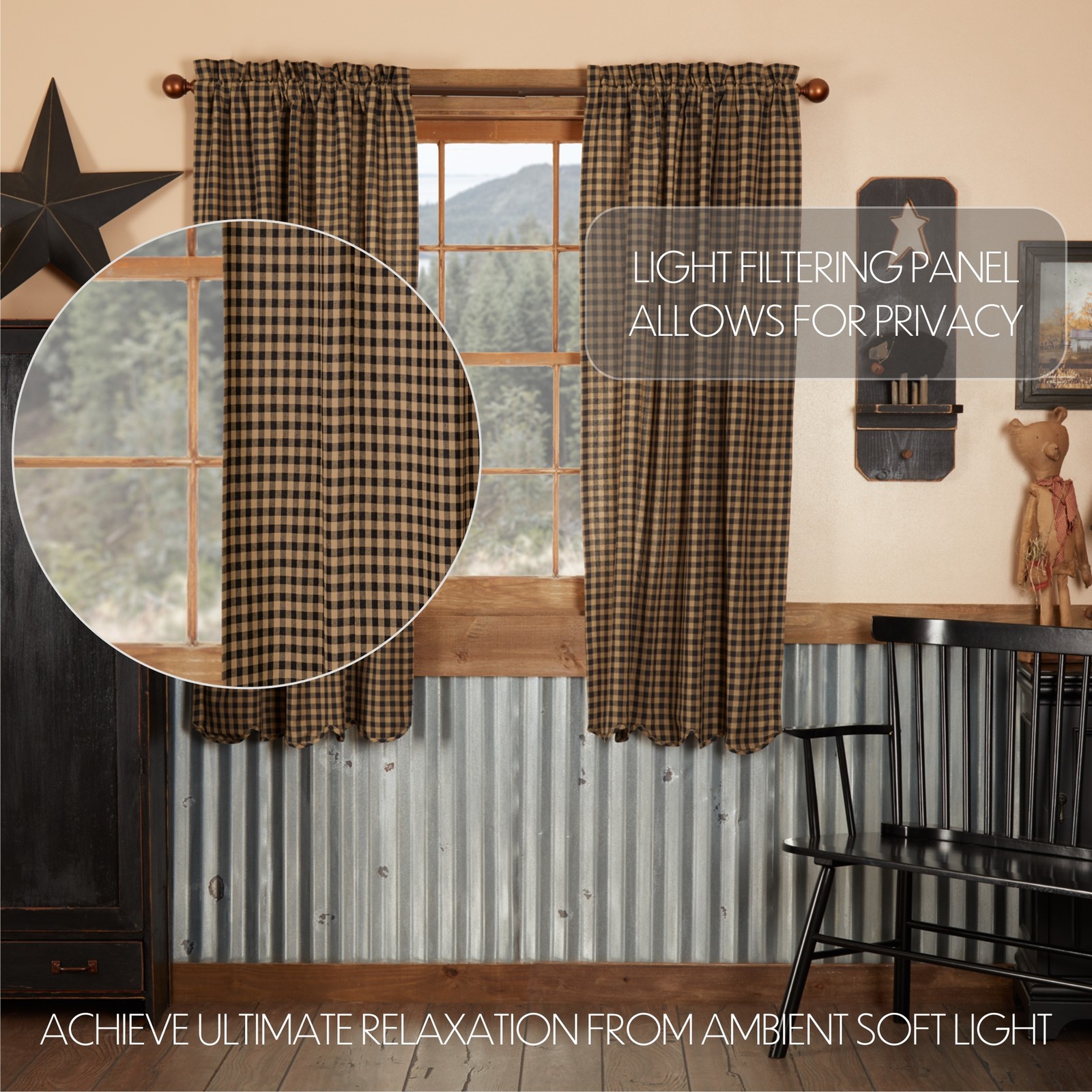 Primitive 63″x36″ Panel Pair Black Rod Pocket Check Window Curtains VHC Brands