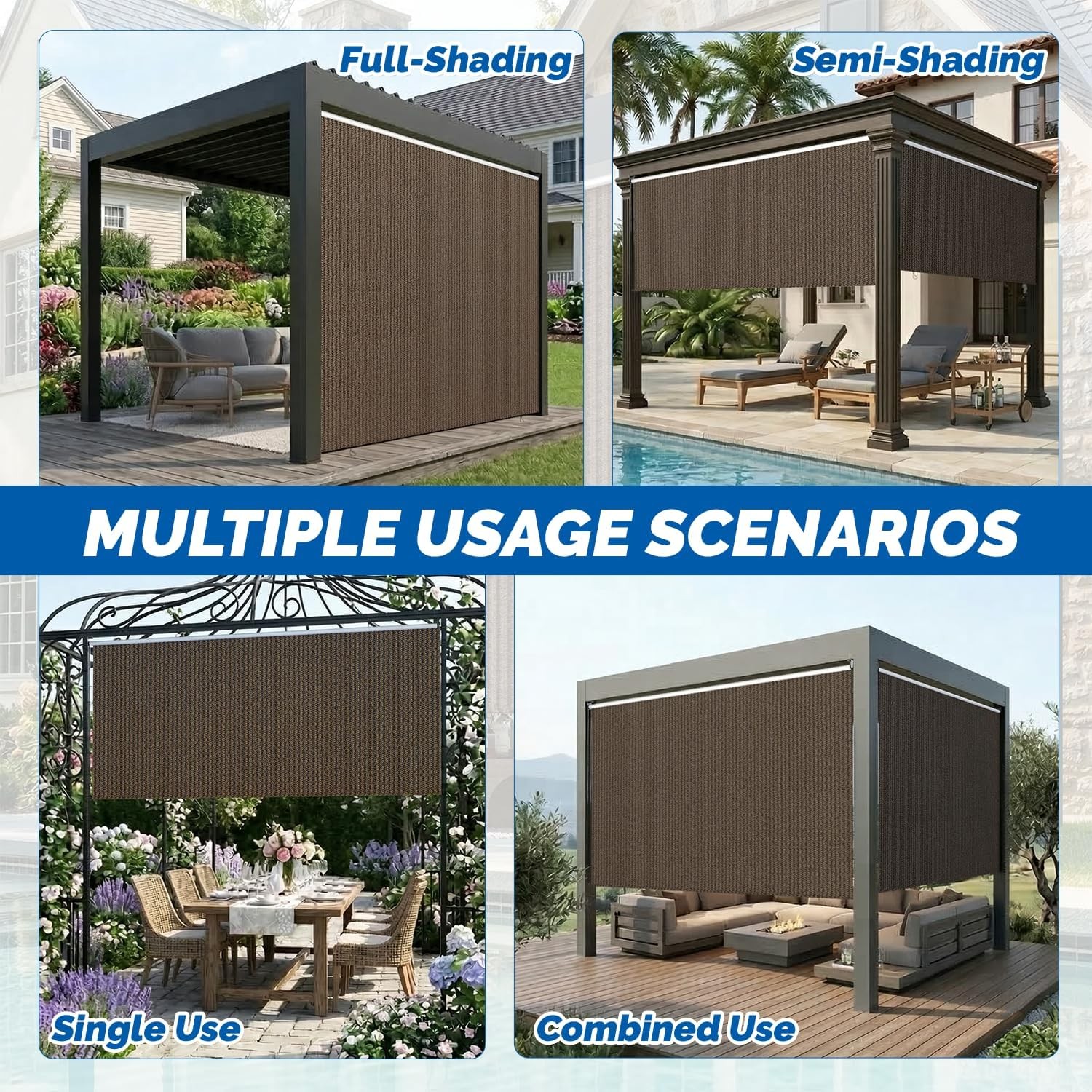 Outdoor Roller Shade 99% UV Protection HDPE Fabric Cordless Privacy Screen Patio