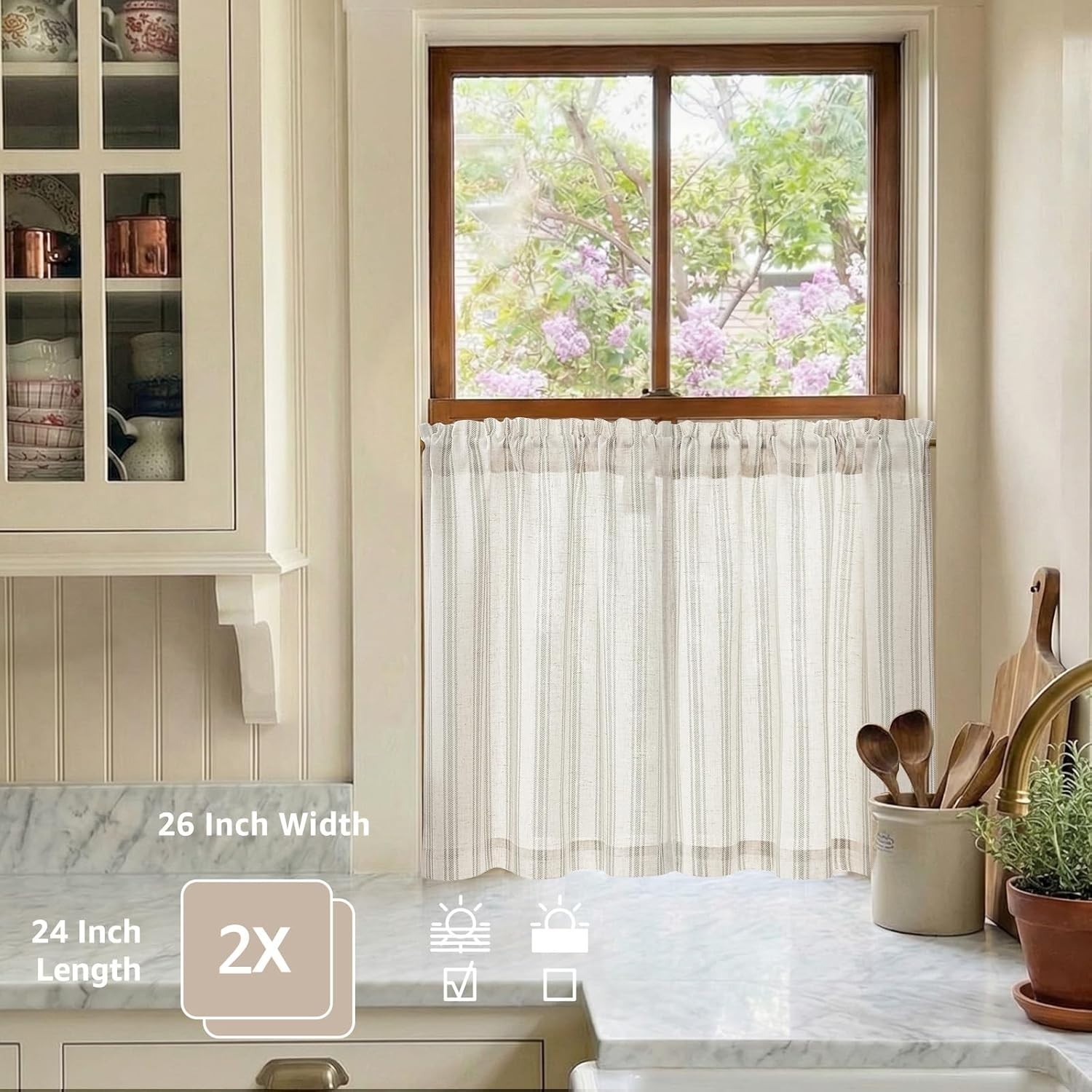 Gray Striped Linen Kitchen Curtains 24 Inch Cafe Tier Curtains Balanced Strip…