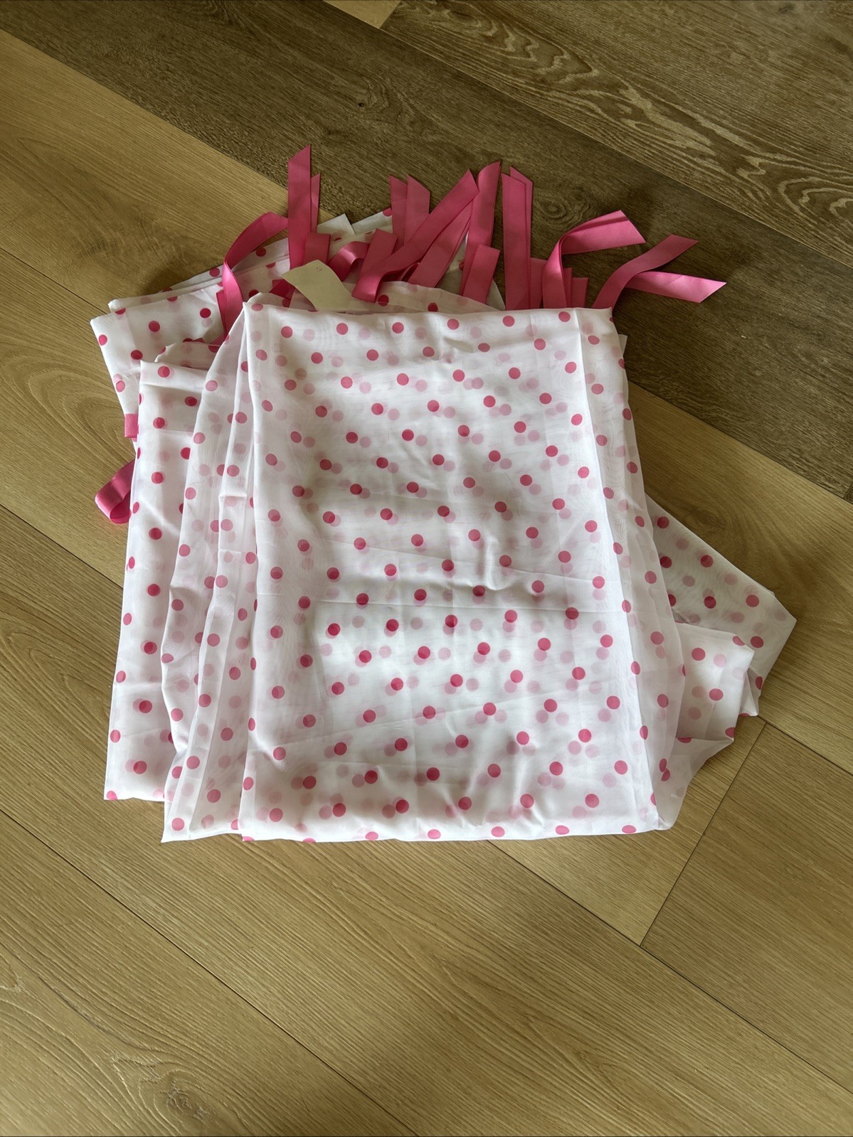 Two Sheer Curtain Pink Polka Dots & Grosgrain Ribbon Tabs “Lots Of Dots”