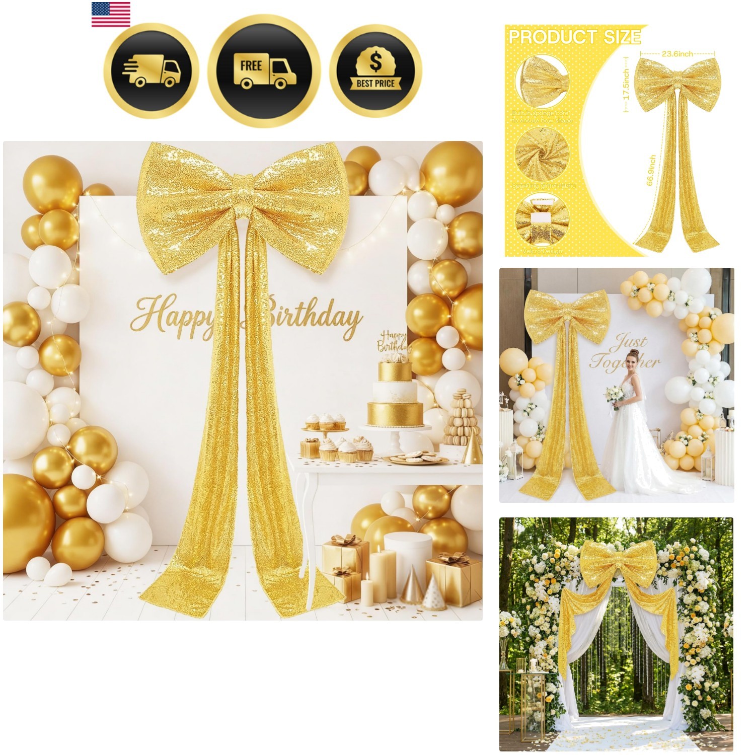 Giant Bow for Backdrop Gold Sequin Bow Decor 75 x 23 Inch Large Sparkly Bow B…
