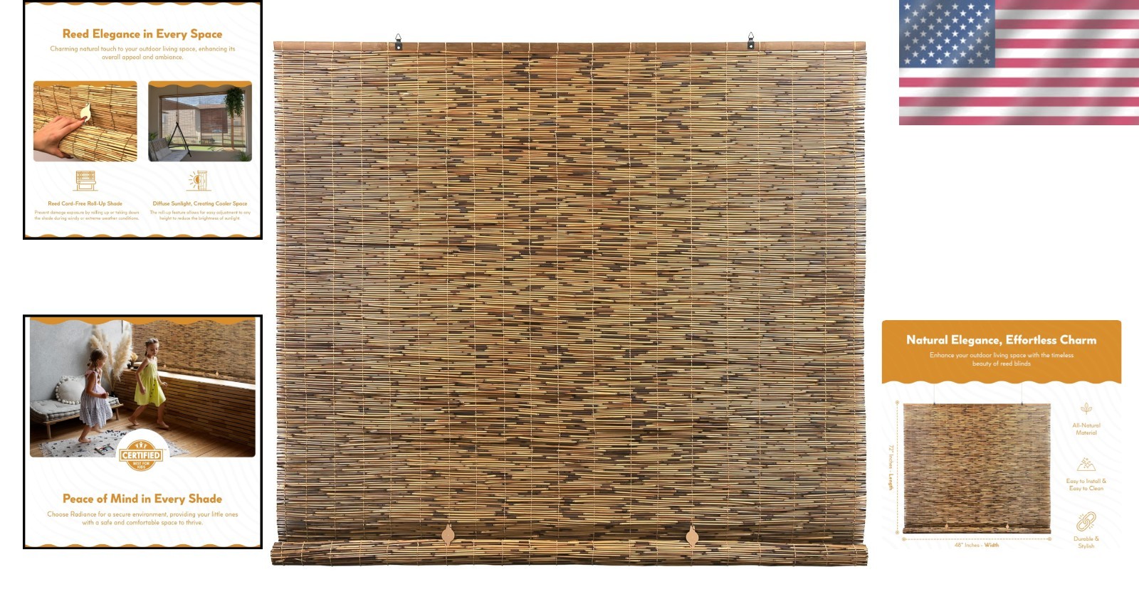 Cordless Bamboo Blinds Waterproof Roll-up Shades for Patio Porch Indoor Outdoor