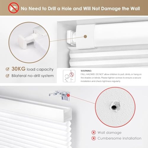 No Tools No Drill Cordless Cellular Shades, 22″ W × 36″ H Blackout-white