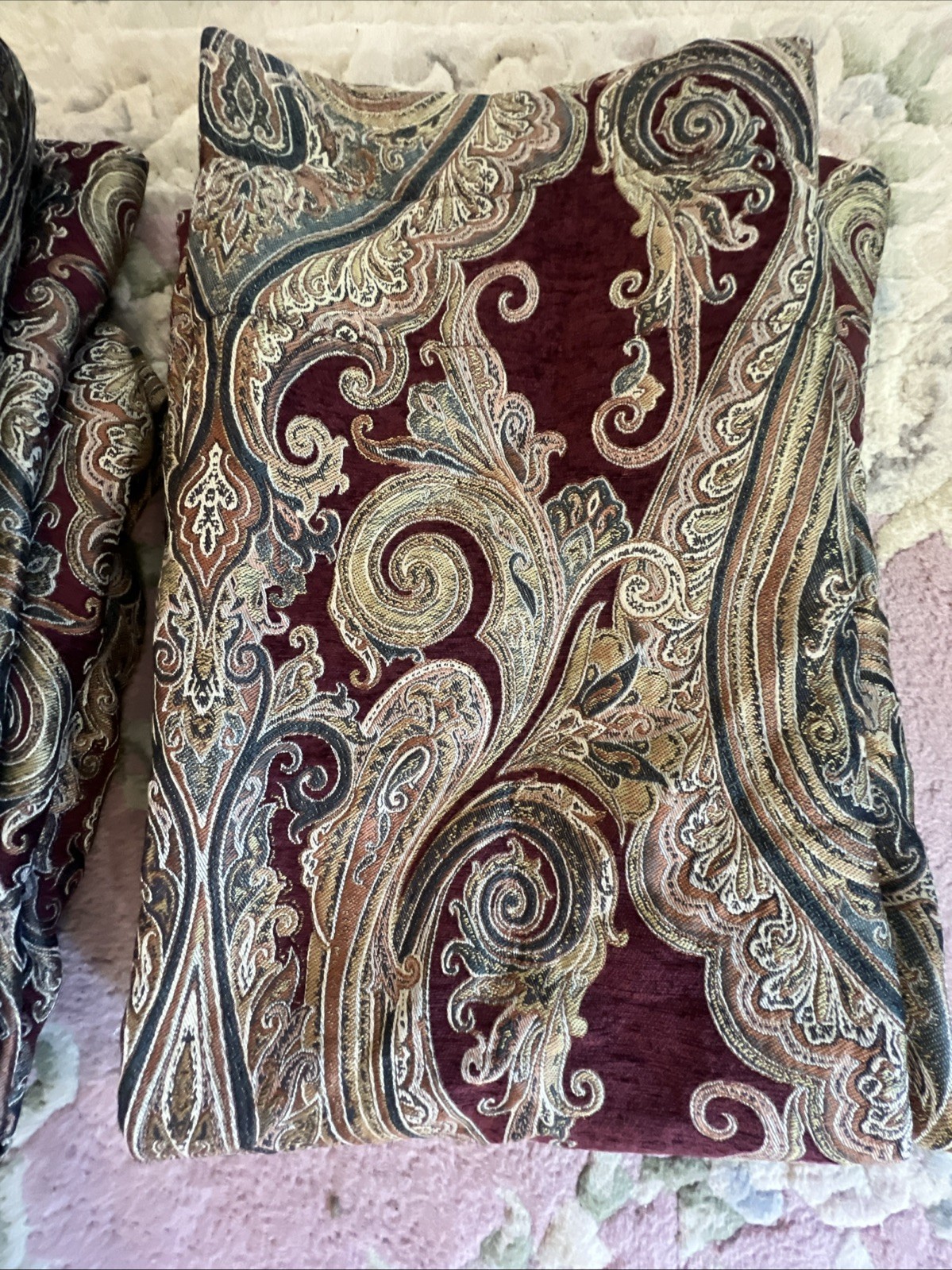 2 J. Queen Curtain Panels Maroon Blue Tan Paisley Swirls 85”x49” Lined Weighted