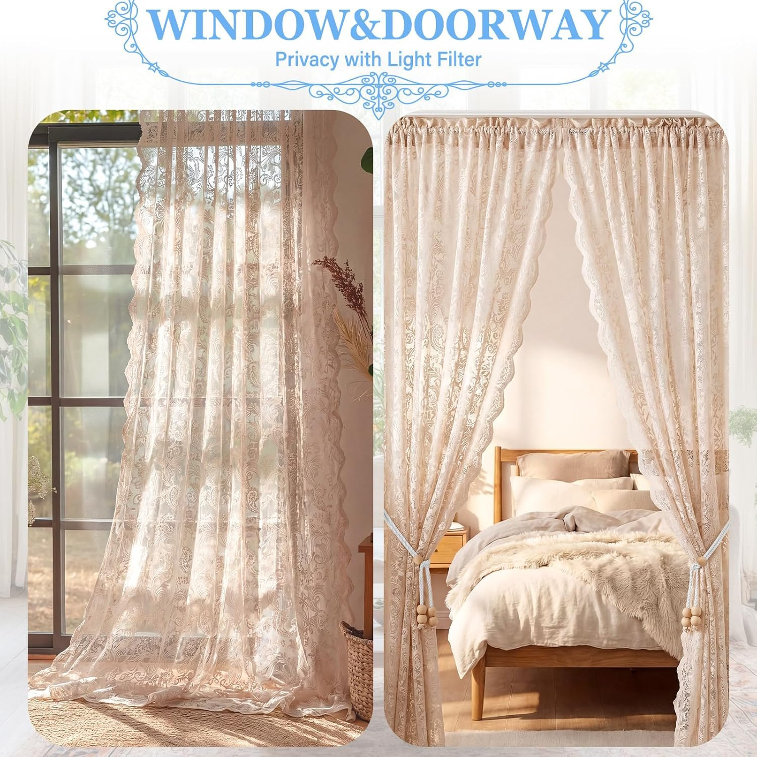 2 Pcs 78 X 80 Inch Lace Ruffled Closet Curtain for Open Closet Vintage Lace Door