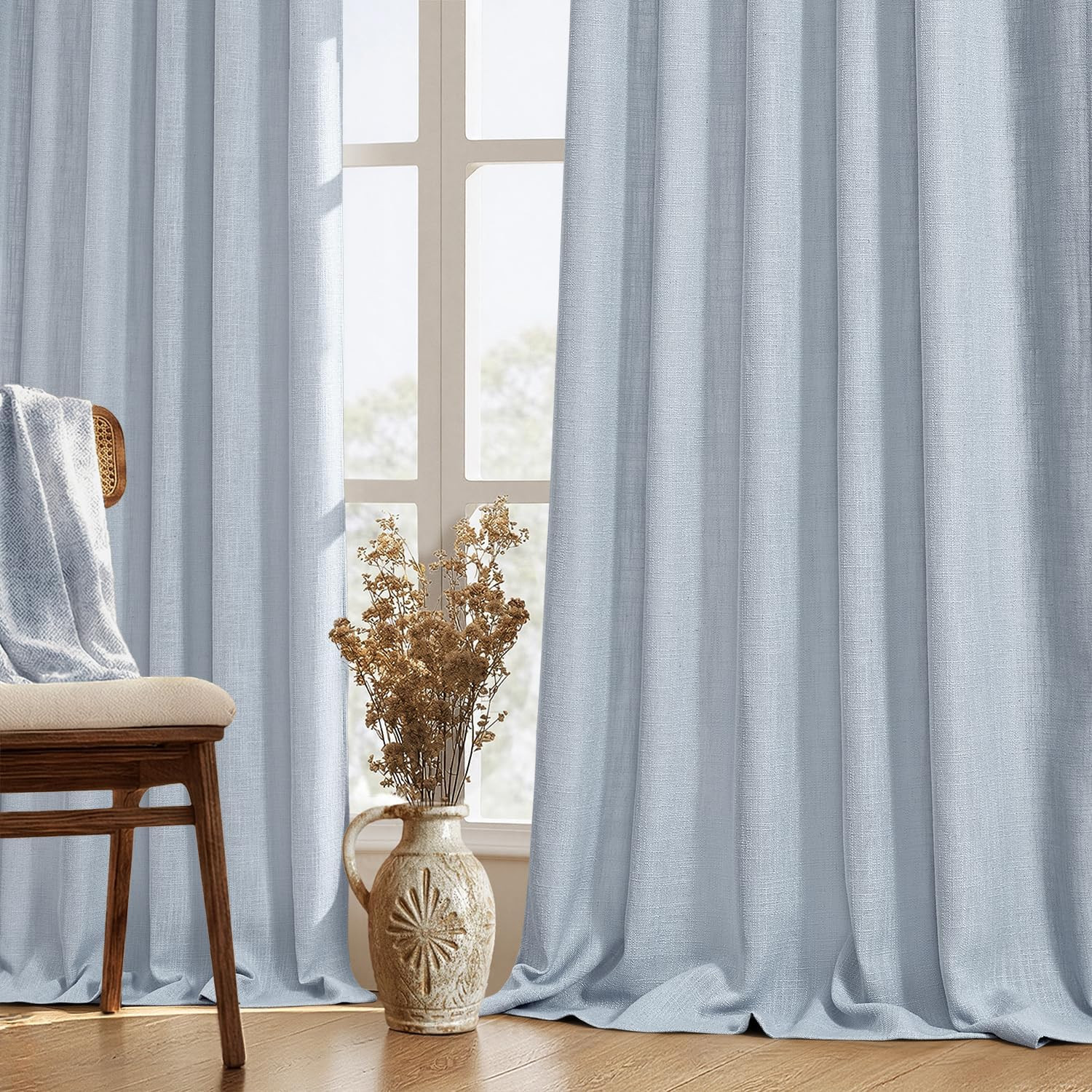 Thick Linen Curtains 96 Inches Long Light Blue Semi Sheer for Farmhouse/Living R