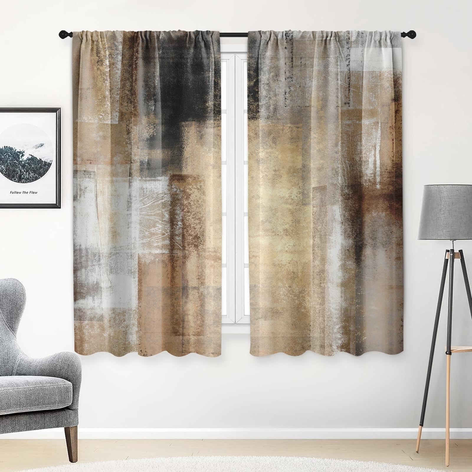 Brown Beige Painting Kitchen Curtains 63 Inch Length Grey Window Curtains Ove…