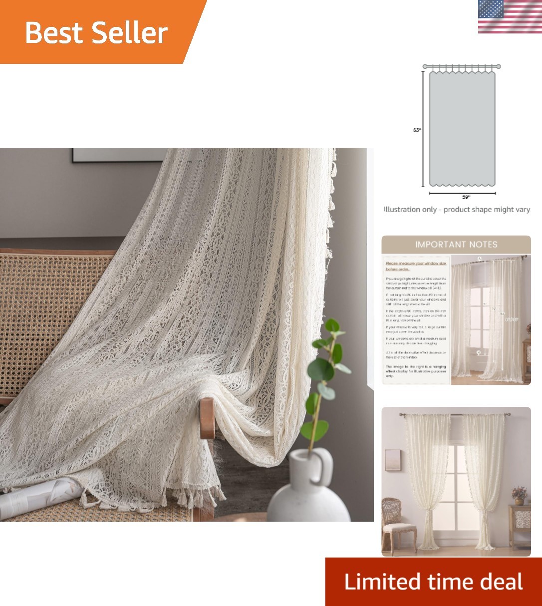 Luxurious 63-Inch Boho Lace Curtains with Tassels – Set of 2 for Elegant Living